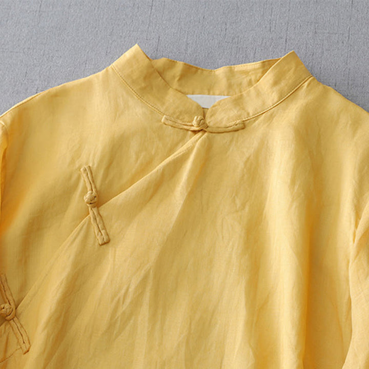 Camicia in cotone e lino a doppio strato con maniche a tre quarti, tinta unita, bottoni a rana, Buddha Stones