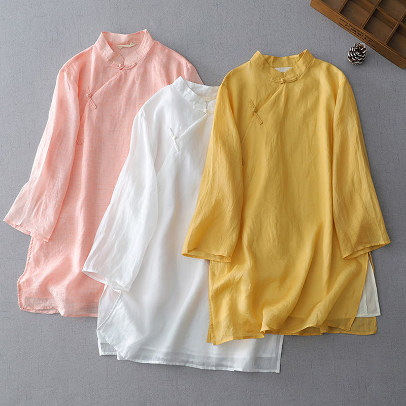 Camicia in cotone e lino a doppio strato con maniche a tre quarti, tinta unita, bottoni a rana, Buddha Stones - image 0