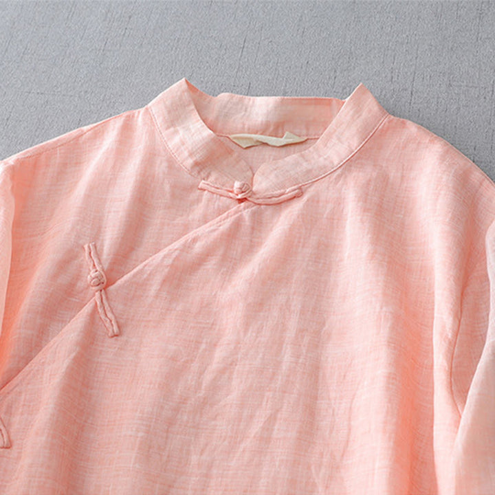 Camicia a maniche a tre quarti con doppio strato e bottoni a rana, tinta unita, con Buddha Stones. - image 18
