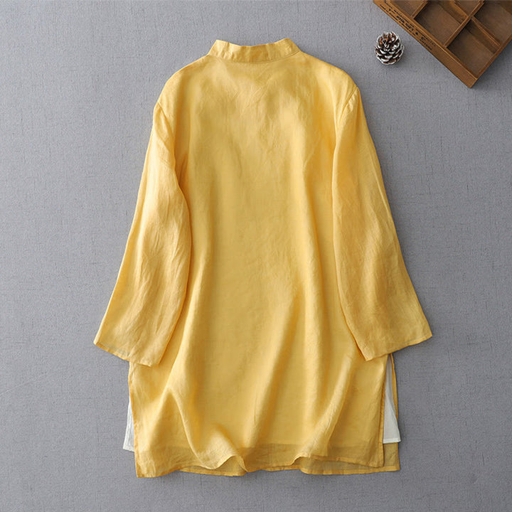 Camicia a maniche a tre quarti con doppio strato e bottoni a rana, tinta unita, con Buddha Stones. - image 6
