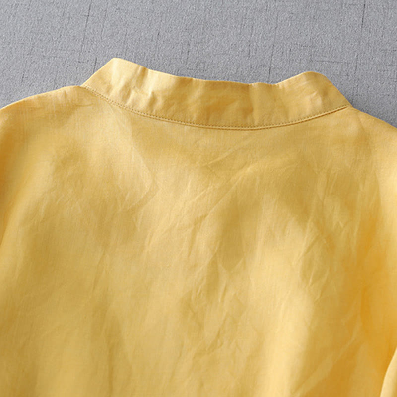 Camicia in cotone e lino a doppio strato con maniche a tre quarti, tinta unita, bottoni a rana, Buddha Stones