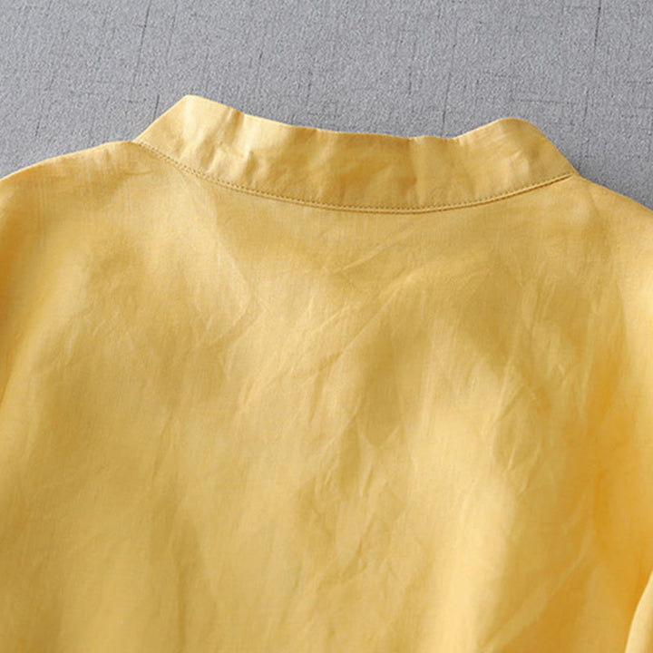 Camicia in cotone e lino a doppio strato con maniche a tre quarti, tinta unita, bottoni a rana, Buddha Stones