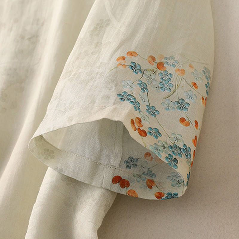 Camicia a maniche a tre quarti con bottoni a forma di rana, fiori blu e pietre di Buddha, foglie arancioni e motivo Buddha Stones. - image 9