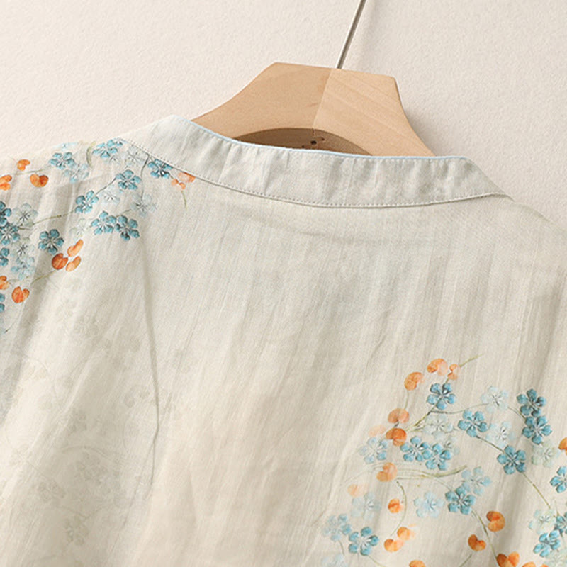 Camicia in cotone e lino con maniche a tre quarti, bottoni a rana, Buddha Stones, fiori blu, foglie arancioni - image 4