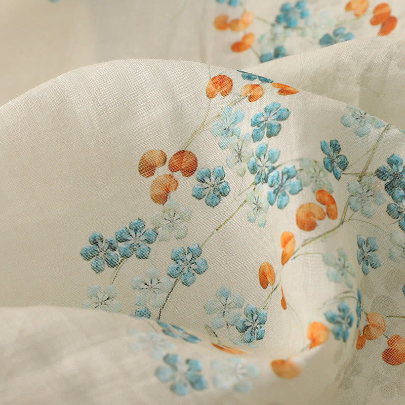 Camicia a maniche a tre quarti con bottoni a forma di rana, fiori blu e pietre di Buddha, foglie arancioni e motivo Buddha Stones. - image 10