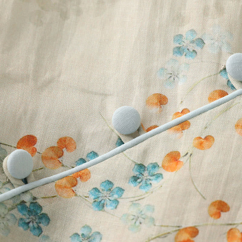 Camicia in cotone e lino con maniche a tre quarti, bottoni a rana, Buddha Stones, fiori blu, foglie arancioni - image 7