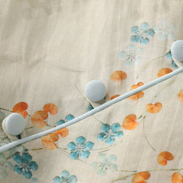 Camicia in cotone e lino con maniche a tre quarti, bottoni a rana, Buddha Stones, fiori blu, foglie arancioni - image 7