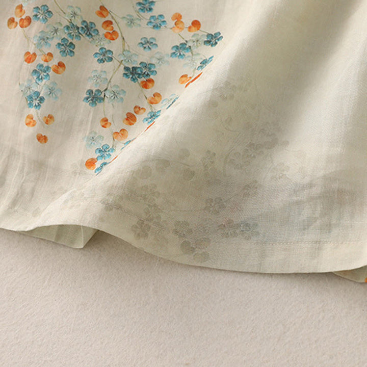 Camicia in cotone e lino con maniche a tre quarti, bottoni a rana, Buddha Stones, fiori blu, foglie arancioni - image 8