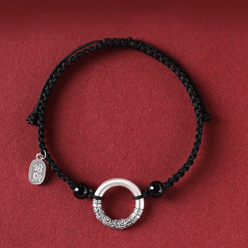 Bracciale con ciondolo a forma di personaggio Fu con fibbia della pace in argento sterling 925 e onice nero Buddha Stones - Fibbia della pace e ciondolo in agata che attrae la fortuna (circonferenza del polso 14-26 cm) - image 0