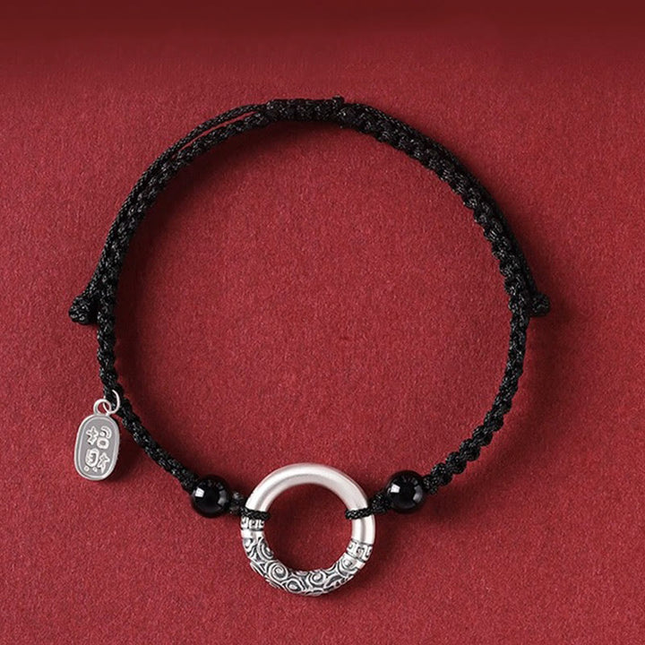 Bracciale con ciondolo a forma di personaggio Fu con fibbia della pace in argento sterling 925 e onice nero Buddha Stones - Fibbia della pace e ciondolo in agata che attrae la fortuna (circonferenza del polso 14-26 cm) - image 0
