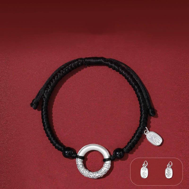 Bracciale con ciondolo a forma di personaggio Fu con fibbia della pace in argento sterling 925 e onice nero Buddha Stones - Fibbia della pace e ciondolo in agata con simbolo di pace e gioia (circonferenza del polso 14-26 cm) - image 5