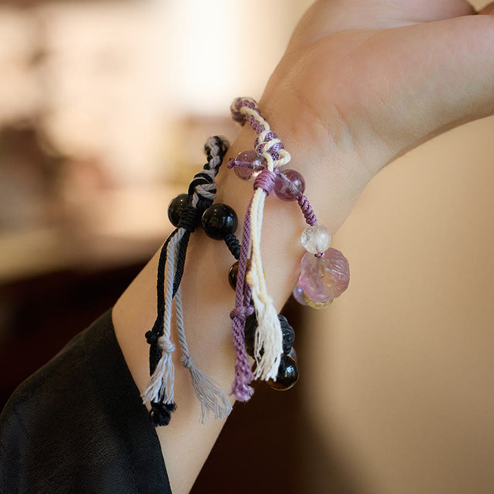 Braccialetto di protezione in corda Buddha Stones, fluorite naturale, ametista, argento lucido, ossidiana e occhio di tigre