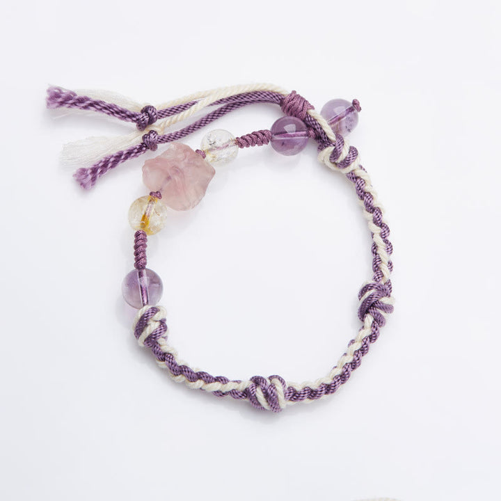Braccialetto di protezione in corda Buddha Stones, fluorite naturale, ametista, argento lucido, ossidiana e occhio di tigre