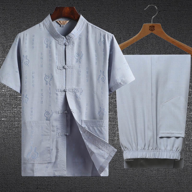 Buddha Stones 2 pezzi Rana-Pulsante Fu Carattere Drago Foglia di bambù Camicia a maniche corte Pantaloni Set da uomo - Azzurro chiaro - Personaggio Fu - US/UK/AU46, EU56 (4XL) - image 0