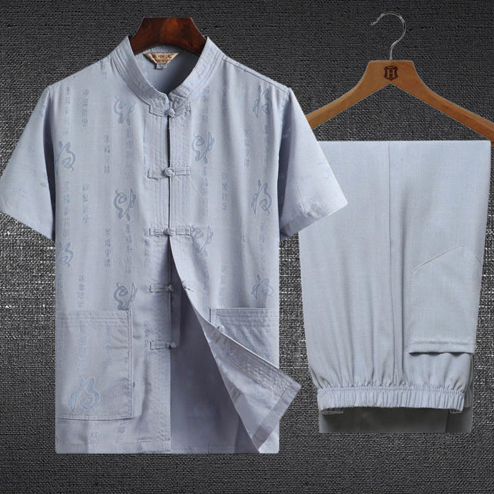 Buddha Stones 2 pezzi Rana-Pulsante Fu Carattere Drago Foglia di bambù Camicia a maniche corte Pantaloni Set da uomo - Azzurro chiaro - Personaggio Fu - US/UK/AU46, EU56 (4XL) - image 0