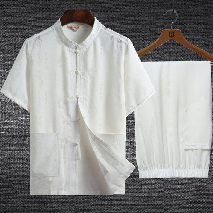 Buddha Stones 2 pezzi Rana-Pulsante Fu Carattere Drago Foglia di bambù Camicia a maniche corte Pantaloni Set da uomo - Bianco - Personaggio Fu - US/UK/AU46, EU56 (4XL) - image 2