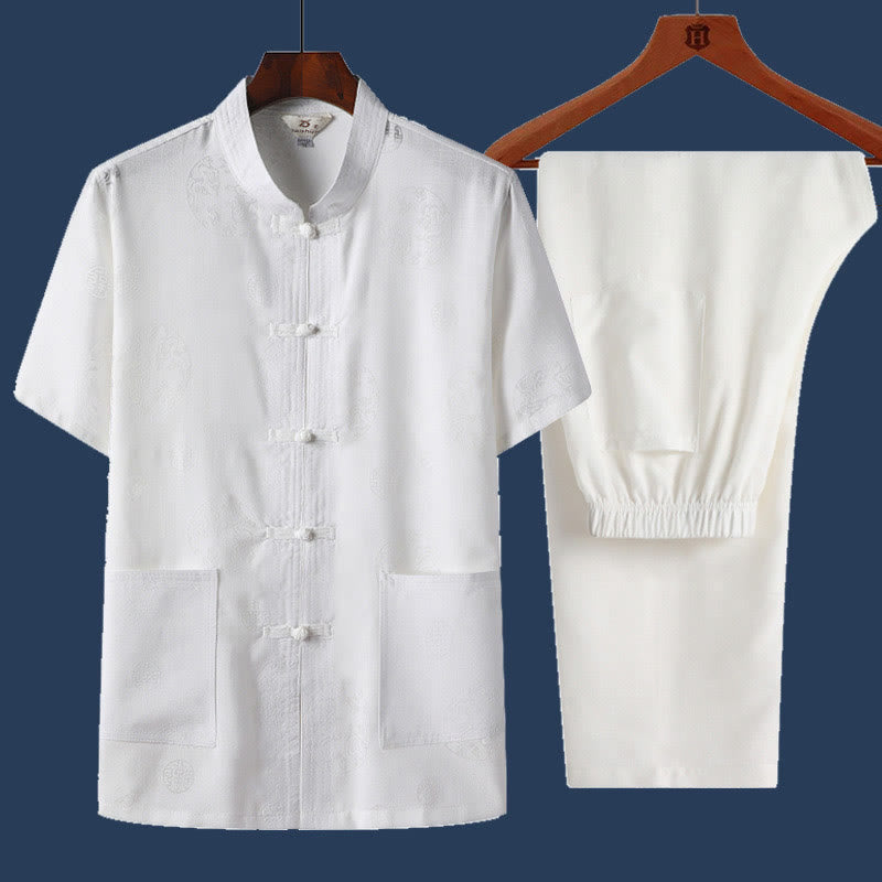 Buddha Stones 2 pezzi Rana-Pulsante Fu Carattere Drago Foglia di bambù Camicia a maniche corte Pantaloni Set da uomo - Bianco - Drago - US/UK/AU46, EU56 (4XL) - image 8