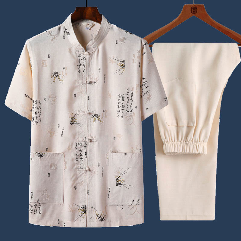 Buddha Stones 2 pezzi Rana-Pulsante Fu Carattere Drago Foglia di bambù Camicia a maniche corte Pantaloni Set da uomo - Giallo chiaro - Foglia di bambù - US/UK/AU46, EU56 (4XL) - image 10