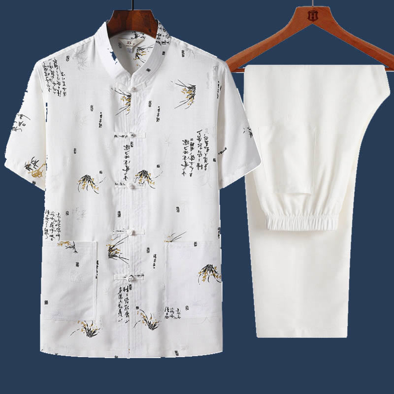 Buddha Stones 2 pezzi Rana-Pulsante Fu Carattere Drago Foglia di bambù Camicia a maniche corte Pantaloni Set da uomo