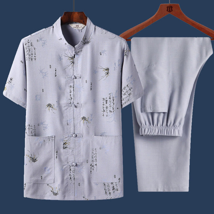 Buddha Stones 2 pezzi Rana-Pulsante Fu Carattere Drago Foglia di bambù Camicia a maniche corte Pantaloni Set da uomo