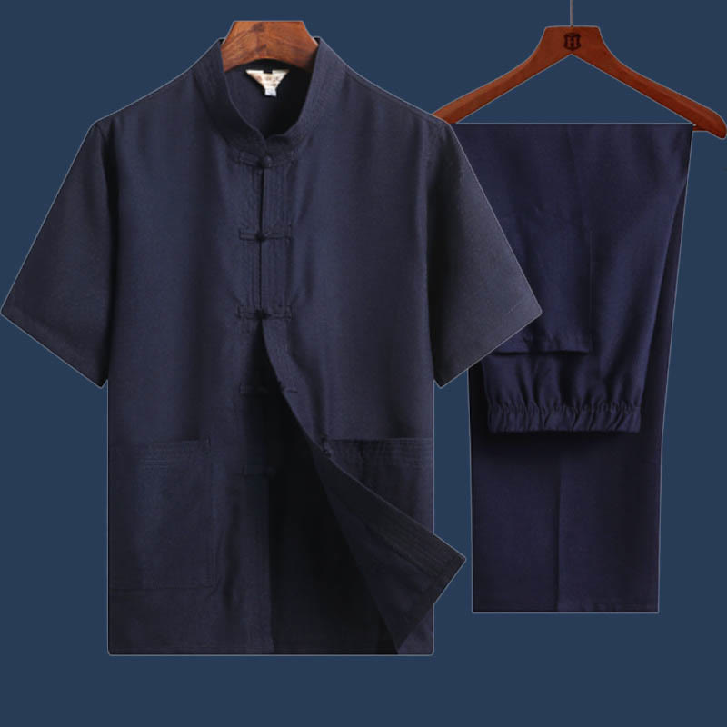 Buddha Stones 2 pezzi Rana-Pulsante Fu Carattere Drago Foglia di bambù Camicia a maniche corte Pantaloni Set da uomo