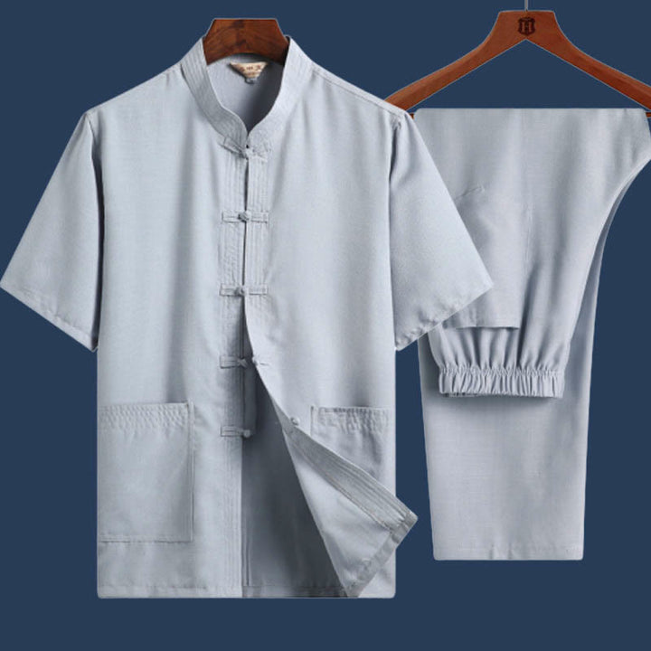 Buddha Stones 2 pezzi Rana-Pulsante Fu Carattere Drago Foglia di bambù Camicia a maniche corte Pantaloni Set da uomo - Azzurro chiaro - Tinta unita - US/UK/AU46, EU56 (4XL) - image 13