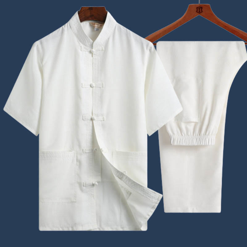 Buddha Stones 2 pezzi Rana-Pulsante Fu Carattere Drago Foglia di bambù Camicia a maniche corte Pantaloni Set da uomo - Bianco - Tinta unita - US/UK/AU46, EU56 (4XL) - image 15