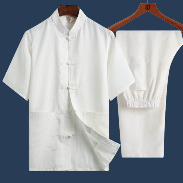 Buddha Stones 2 pezzi Rana-Pulsante Fu Carattere Drago Foglia di bambù Camicia a maniche corte Pantaloni Set da uomo - Bianco - Tinta unita - US/UK/AU46, EU56 (4XL) - image 15