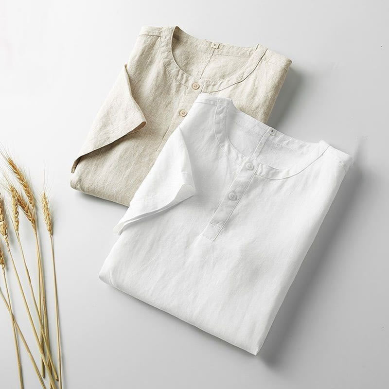 Camicia estiva da uomo con bottoni a tinta unita e maniche corte in cotone e lino Buddha Stones - image 1