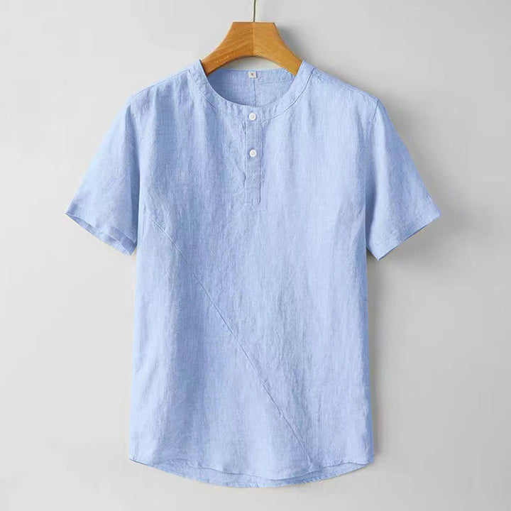 Camicia estiva da uomo con bottoni a tinta unita e maniche corte in cotone e lino Buddha Stones - AzzurroCielo Chiaro - US/UK/AU48, EU58 (4XL) - image 9