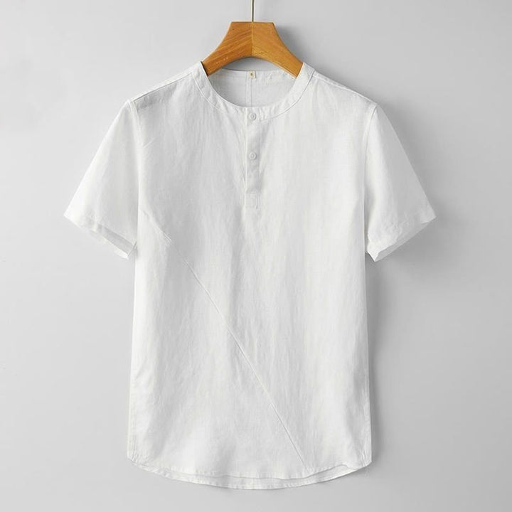 Camicia estiva da uomo con bottoni a tinta unita e maniche corte in lino Buddha Stones