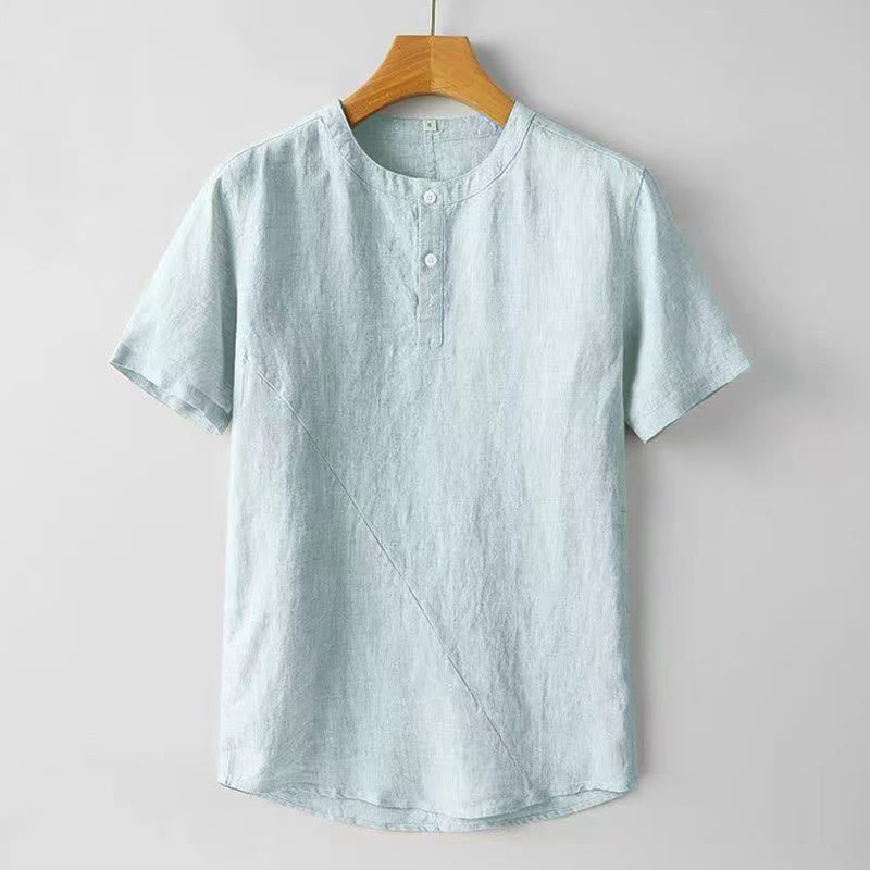 Camicia estiva da uomo con bottoni a tinta unita e maniche corte in lino Buddha Stones