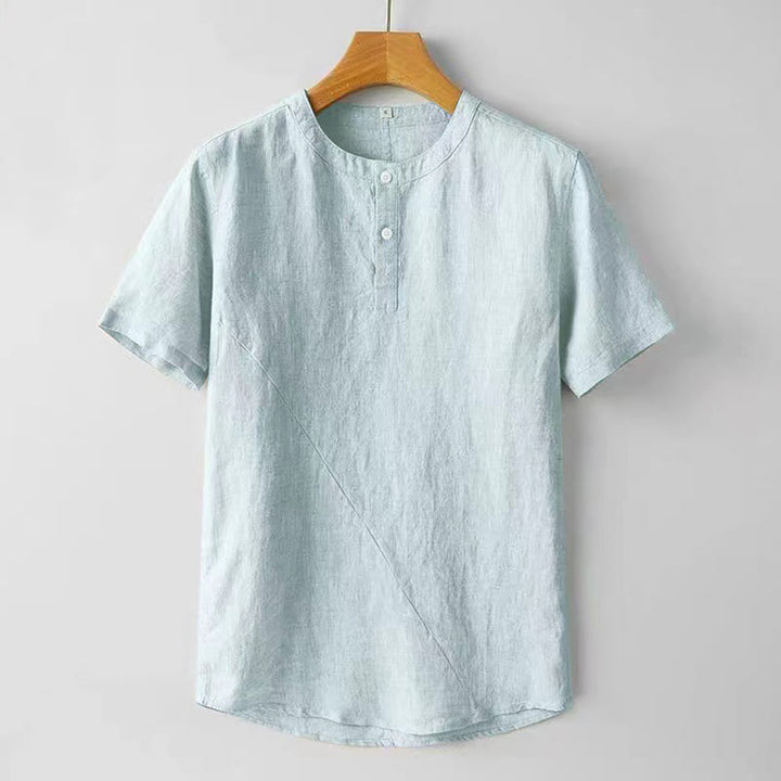Camicia estiva da uomo con bottoni a tinta unita e maniche corte in lino Buddha Stones