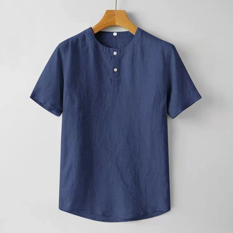 Camicia estiva da uomo con bottoni a tinta unita e maniche corte in cotone e lino Buddha Stones - SteelBlue - US/UK/AU48, EU58 (4XL) - image 11