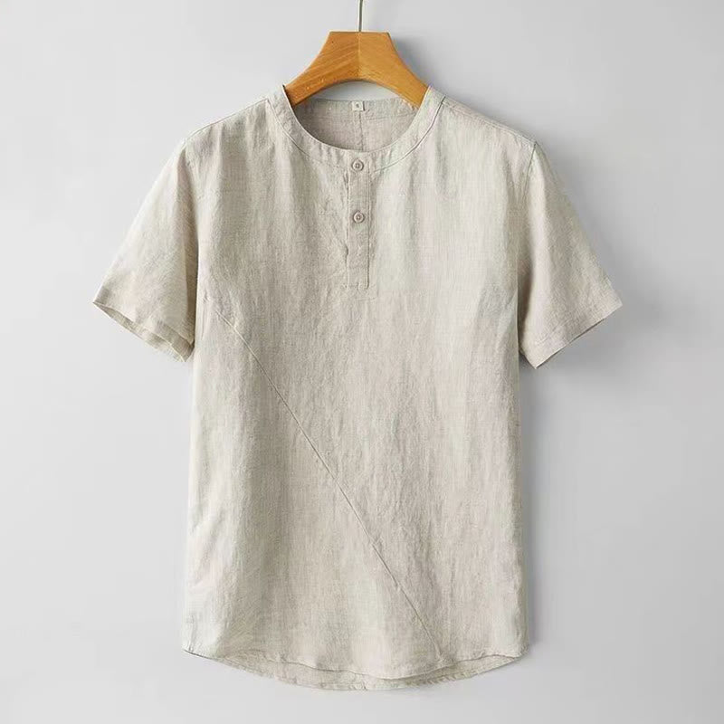 Camicia estiva da uomo con bottoni a tinta unita e maniche corte in lino Buddha Stones
