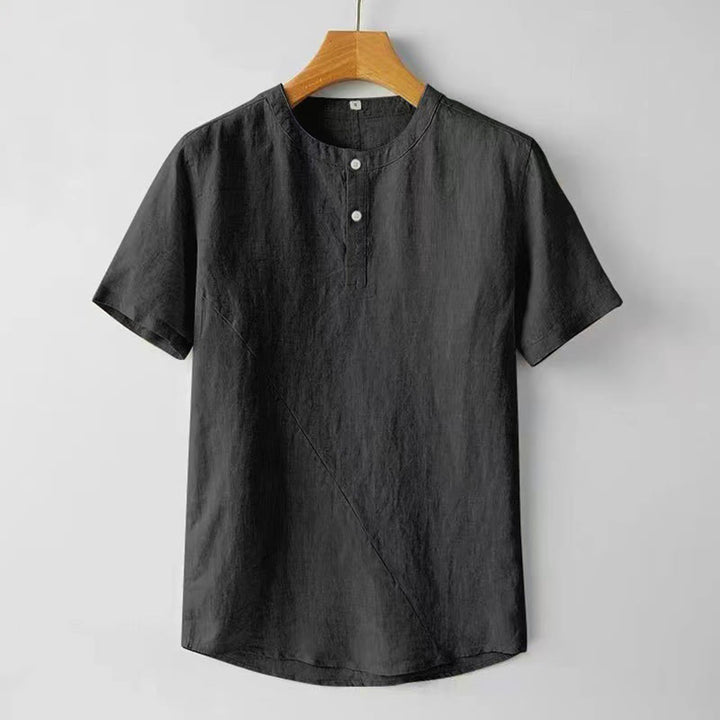 Camicia estiva da uomo con bottoni a tinta unita e maniche corte in cotone e lino Buddha Stones - Nero - US/UK/AU48, EU58 (4XL) - image 7