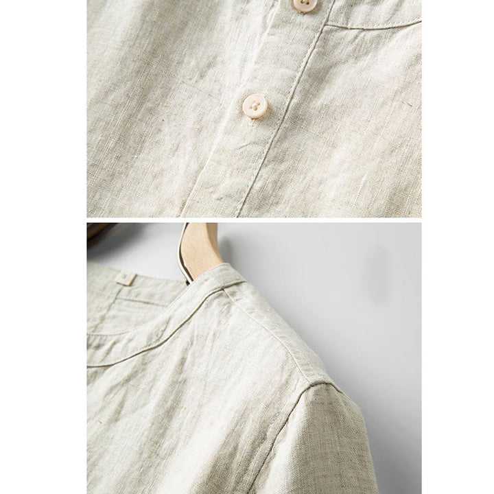 Camicia estiva da uomo con bottoni a tinta unita e maniche corte in lino Buddha Stones