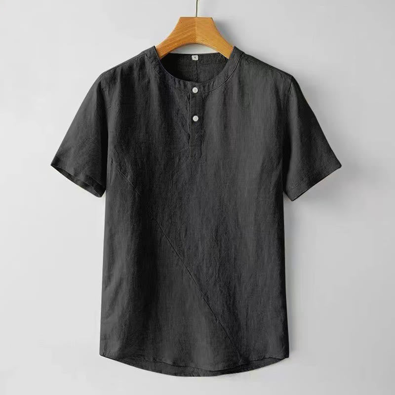 Camicia estiva da uomo con bottoni a tinta unita e maniche corte in lino Buddha Stones