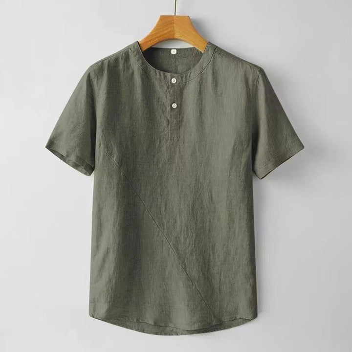 Camicia estiva da uomo con bottoni a tinta unita e maniche corte in lino Buddha Stones