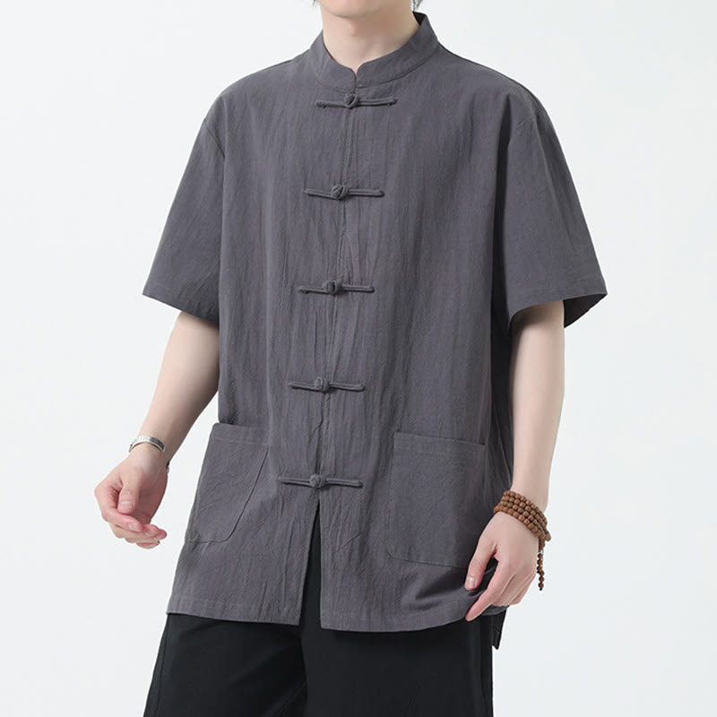 Buddha Stones Frog-Button Chinese Tang Suit Camicia a maniche corte in lino Abbigliamento da uomo con tasche - Grigio - US/UK/AU46, EU56 (5XL) - image 14