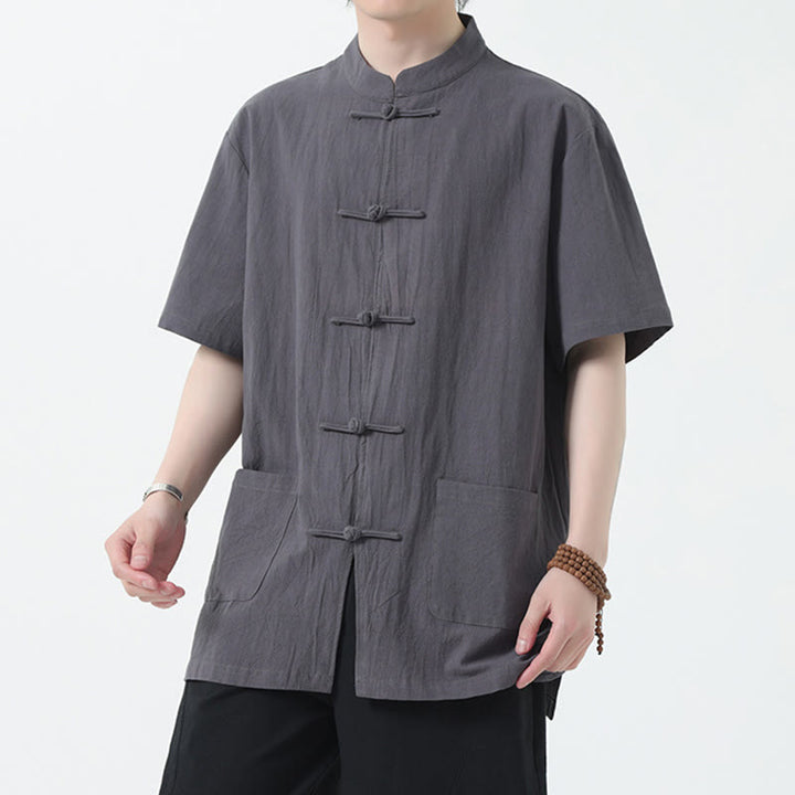 Buddha Stones Frog-Button Chinese Tang Suit Camicia a maniche corte in lino Abbigliamento da uomo con tasche - Grigio - US/UK/AU46, EU56 (5XL) - image 14