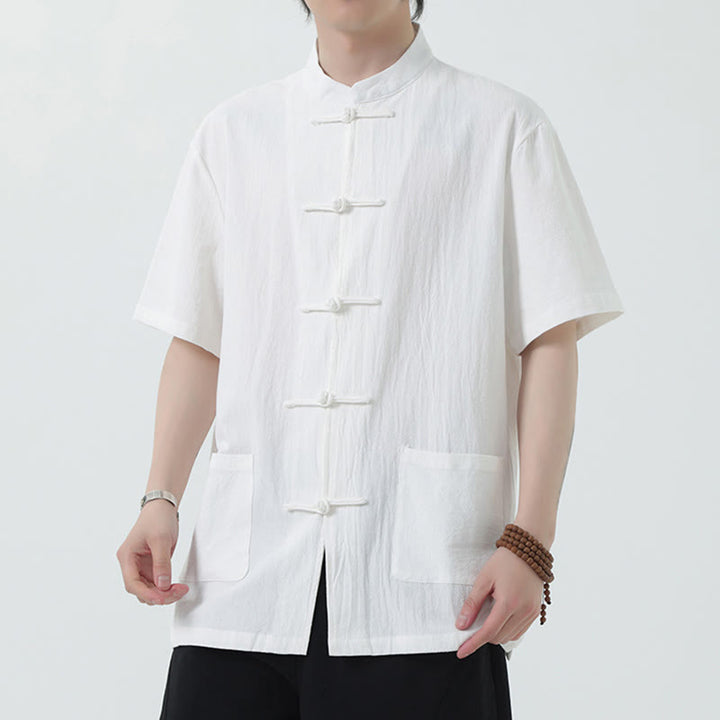Buddha Stones Frog-Button Chinese Tang Suit Camicia a maniche corte in lino Abbigliamento da uomo con tasche - Bianco - US/UK/AU46, EU56 (5XL) - image 0