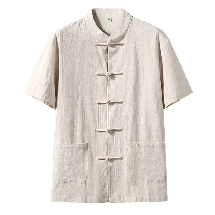 Buddha Stones Frog-Button Chinese Tang Suit Camicia a maniche corte in lino Abbigliamento da uomo con tasche - Biancheria - US/UK/AU46, EU56 (5XL) - image 8