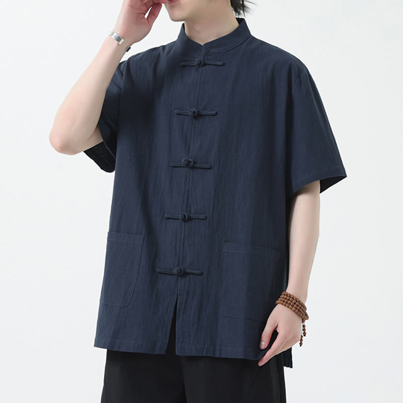 Buddha Stones Frog-Button Chinese Tang Suit Camicia a maniche corte in lino Abbigliamento da uomo con tasche - SteelBlue - US/UK/AU46, EU56 (5XL) - image 12
