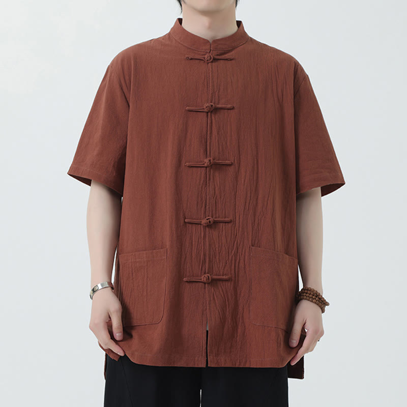 Buddha Stones Frog-Button Chinese Tang Suit Camicia a maniche corte in lino Abbigliamento da uomo con tasche - Perù - US/UK/AU46, EU56 (5XL) - image 11