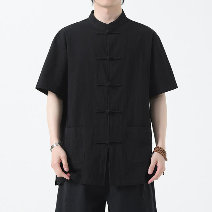 Buddha Stones Frog-Button Chinese Tang Suit Camicia a maniche corte in lino Abbigliamento da uomo con tasche - Nero - US/UK/AU46, EU56 (5XL) - image 4