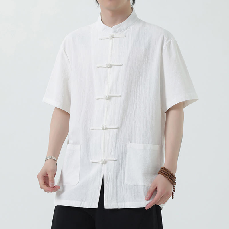 Buddha Stones Frog-Button Chinese Tang Suit Camicia a maniche corte in lino Abbigliamento da uomo con tasche - Bianco - US/UK/AU46, EU56 (5XL) - image 1