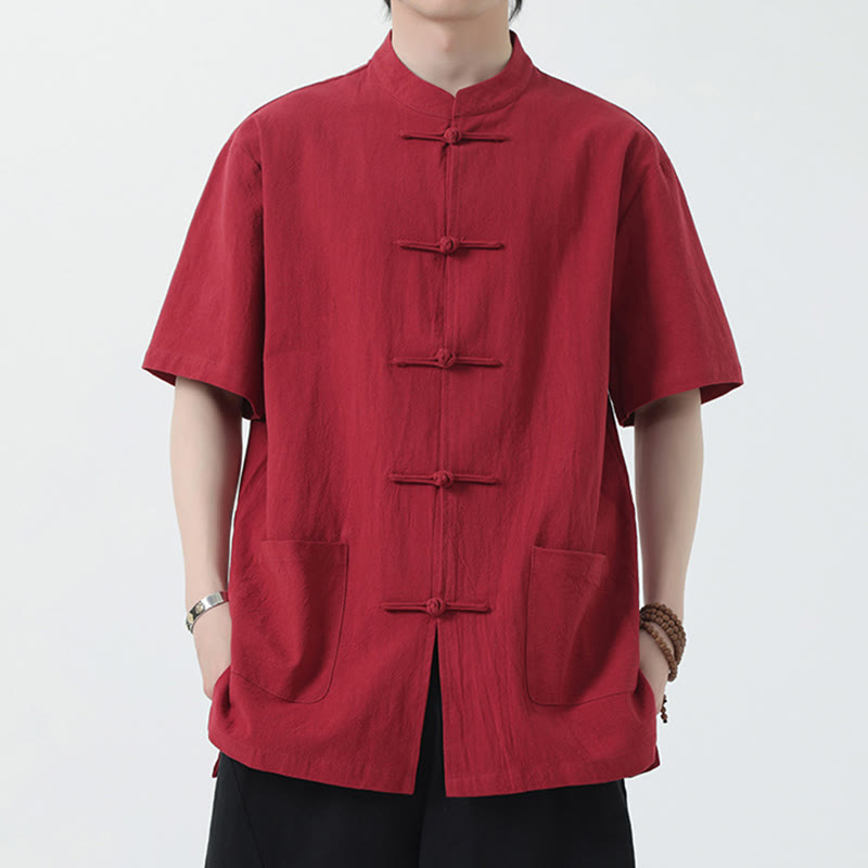 Buddha Stones Frog-Button Chinese Tang Suit Camicia a maniche corte in lino Abbigliamento da uomo con tasche - Rosso - US/UK/AU46, EU56 (5XL) - image 2