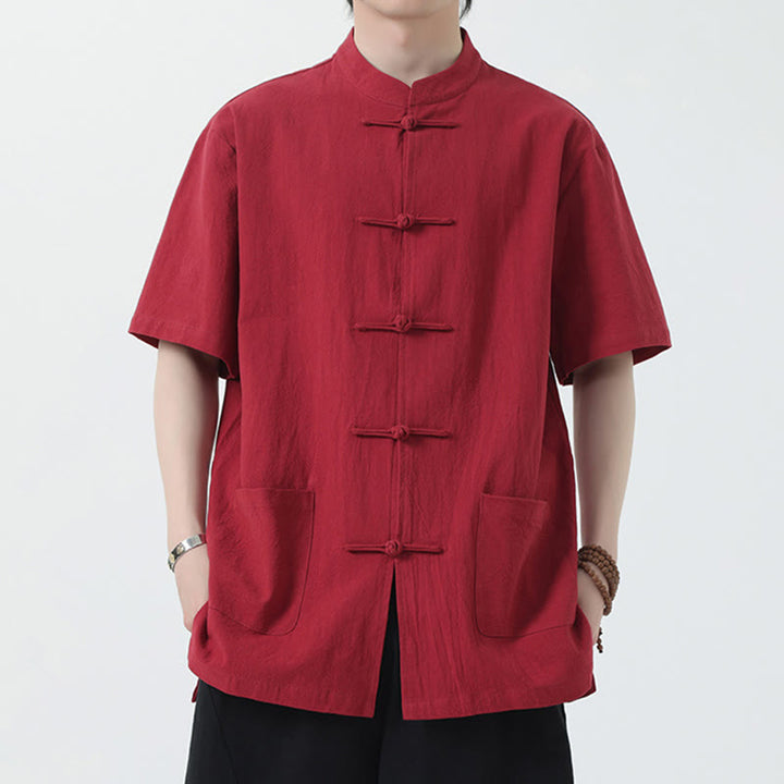 Buddha Stones Frog-Button Chinese Tang Suit Camicia a maniche corte in lino Abbigliamento da uomo con tasche - Rosso - US/UK/AU46, EU56 (5XL) - image 2