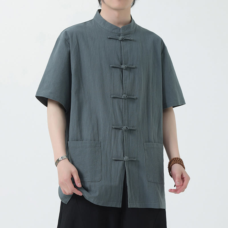 Buddha Stones Frog-Button Chinese Tang Suit Camicia a maniche corte in lino Abbigliamento da uomo con tasche - image 10